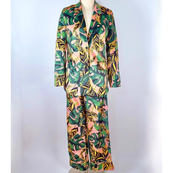 Farm Rio sz XS pant suit jacket velour palm tiger leaf tropical print